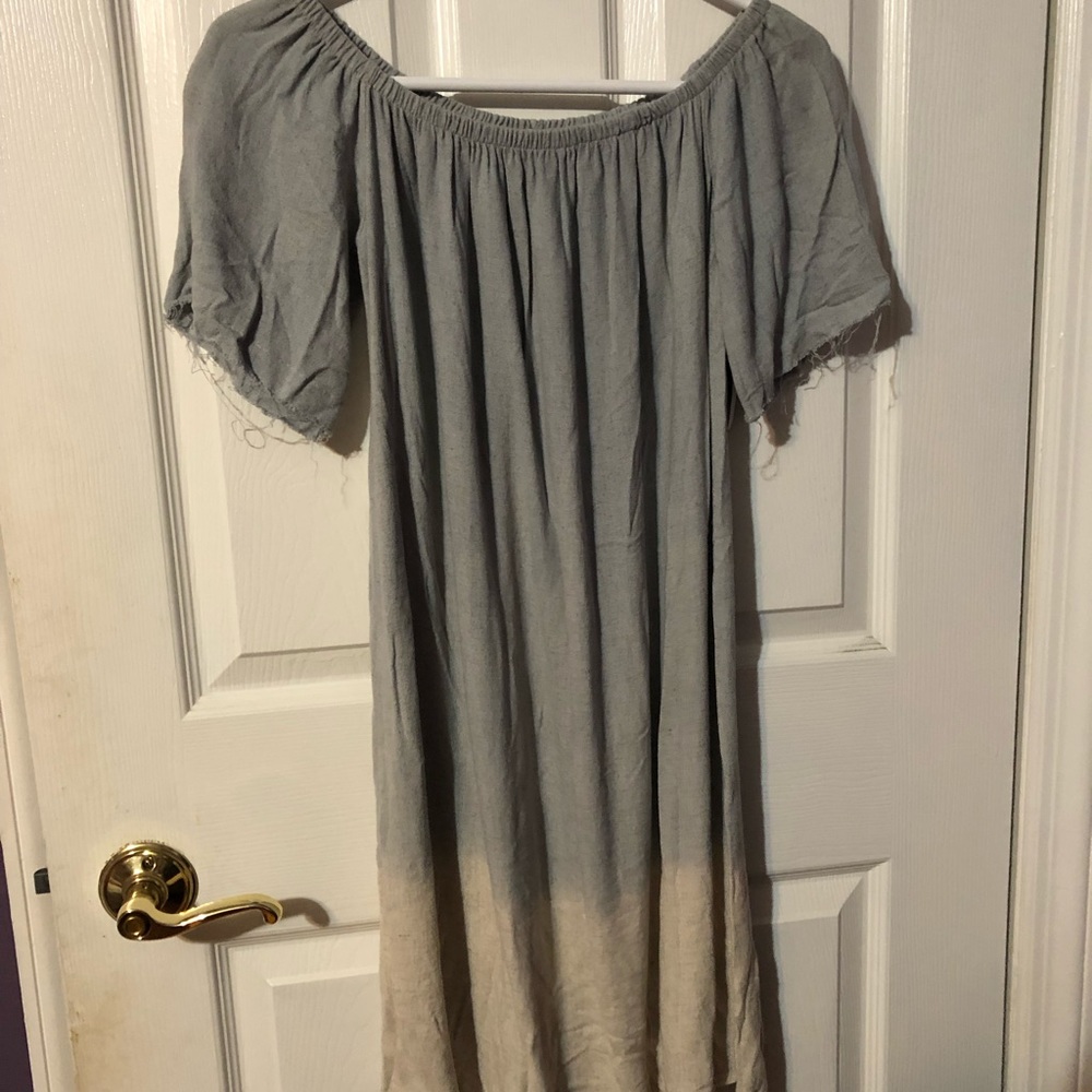 Fringe/distressed ombré off the shoulder dress